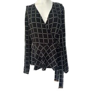 Michael Kors Women's Windowpane Peplum Faux Wrap Long Sleeve Blouse Top XS